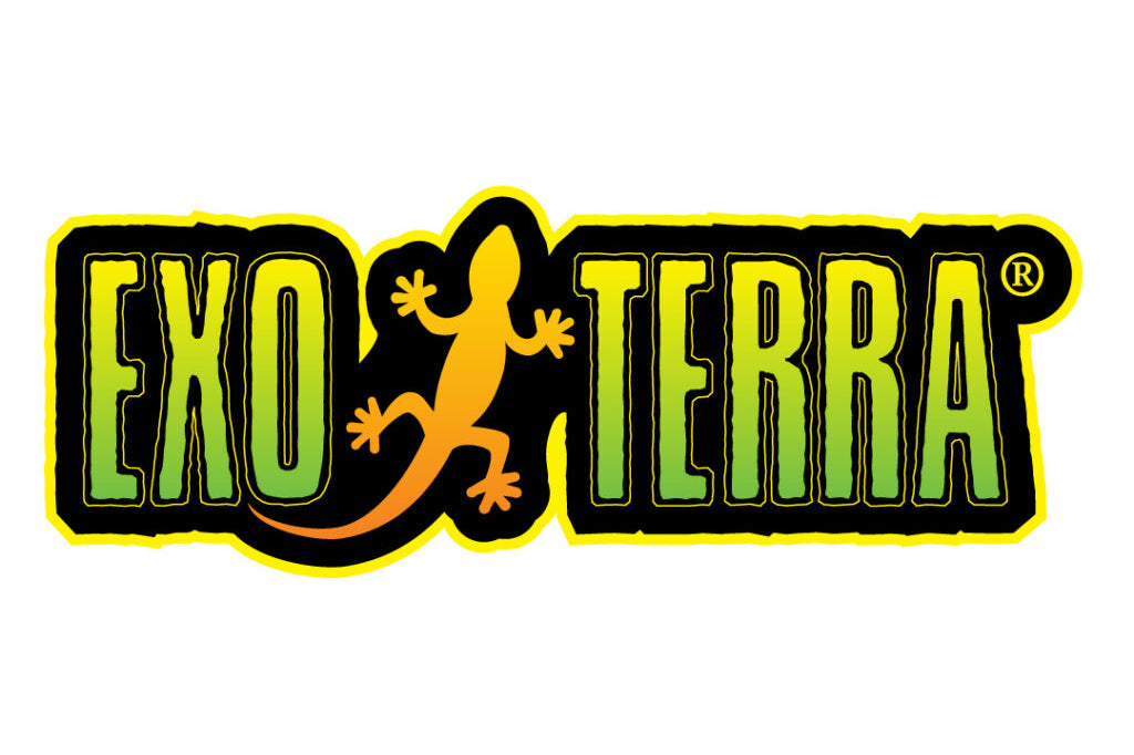Exo Terra Logo with green writing and an orange lizard